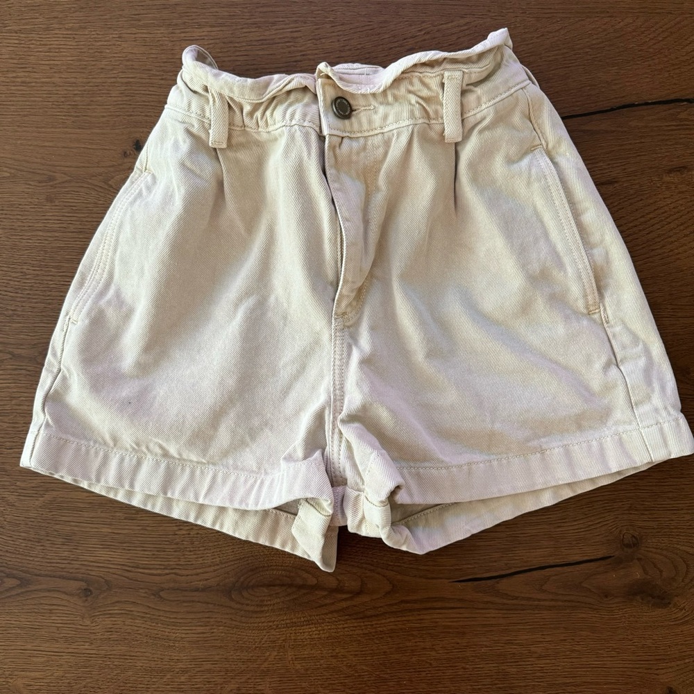 Zara High Waist Elastic Band Women's Cream Denim Shorts, Size 2